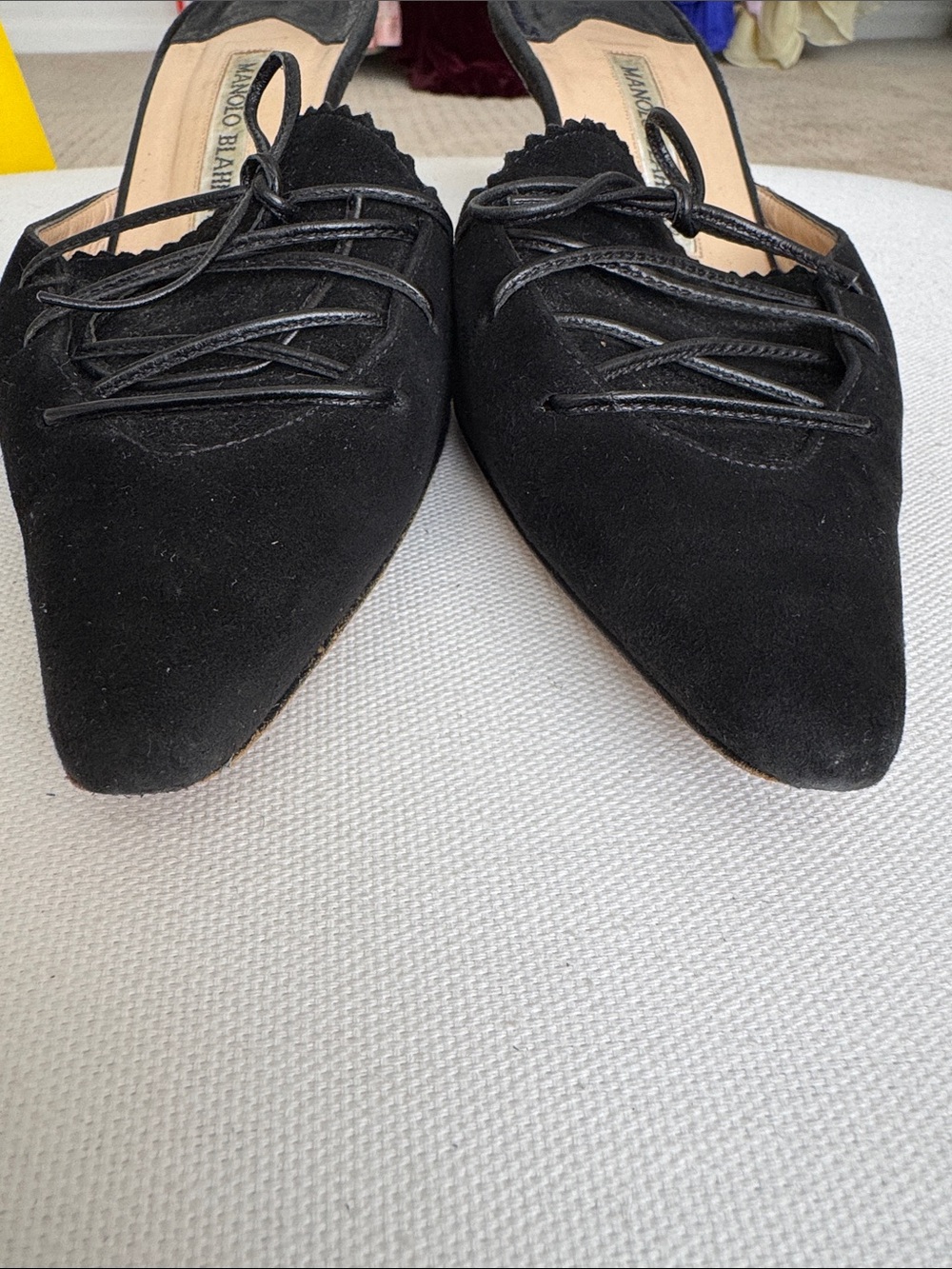 Manolo Blahnik Black Suede Lace Up Pointed Toe Kitten Heel Mules Y2K - Picture 6 of 9